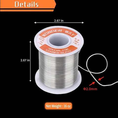 2.0mm No Flux Core Sn60 Pb40 Solder Wire for Stained Glass Copper Foil on spool, 16oz, showing diameter and net weight.