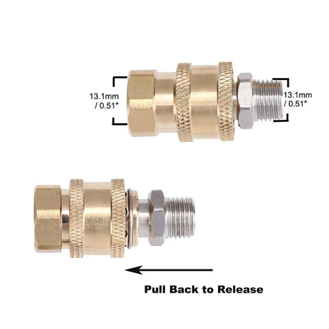 4 Pack Quarter Inch Quick Connect Pressure Washer Adapter Set With Quick Release Couplers, brass and stainless steel side view.