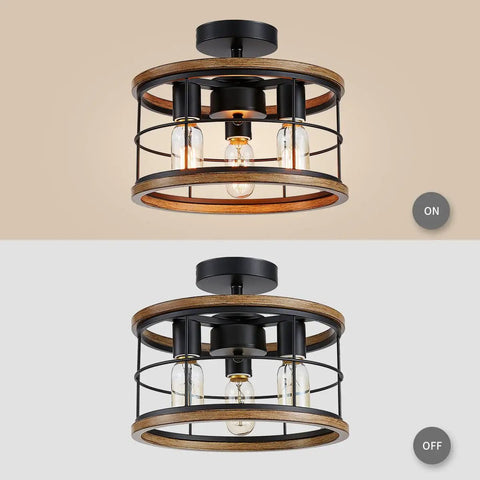 Vintage Farmhouse Semi Flush Mount Ceiling Light With Metal Cage, wood grain finish, black metal, lights on and off view