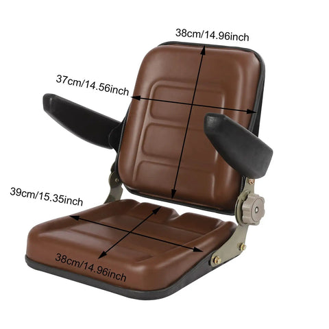 Kick Butt While You Work With This Built Tough Universal Tractor Seat Featuring Adjustable Backrests Foldable Armrests And Heavy Duty Foam For Forklifts Mowers Skid Steers with measurements.