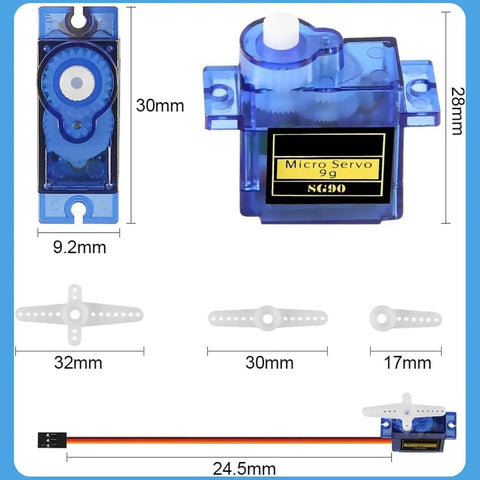 Eight Pack SG90 Digital Servo Motor 9G Metal Gear Micro Servos with specs, dimensions, and accessories for RC projects.