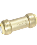 Brass push-fit check valve, 3/4" x 3/4", NSF ANSI61, side view for copper/PEX/CPVC plumbing