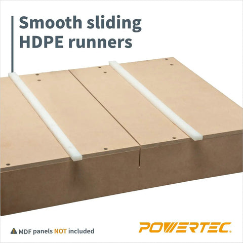 Heavy Duty 17 Inch Hdpe Miter Bars 4 Pack With Predrilled Holes And Screws For Table Saw Crosscut Sled Router Table Bandsaw Taper Jig Woodworking Gear showing HDPE runners on MDF table.