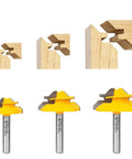 Three 45 Degree Lock Miter Router Bit Set, 3-Piece, For 1/2, 5/8, 3/4 Inch Cutting Height, 1/4 Inch Shank, shown with wood joints.