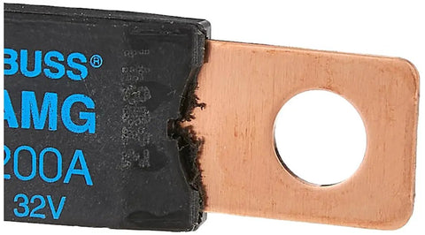 Close-up of 200A Mega AMG Fuse in black, copper contact visible, for marine and power systems, fits Mega AMG Fuse Block 5006.