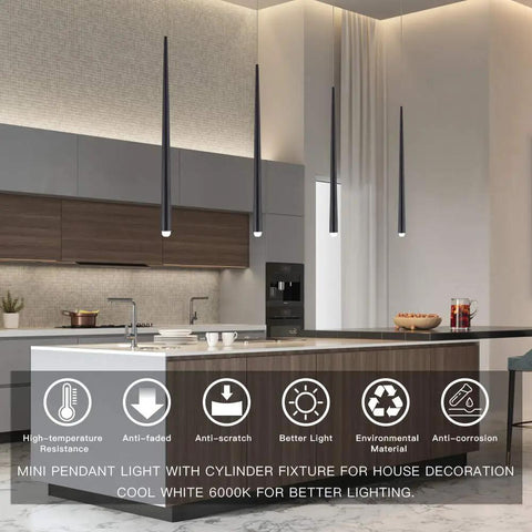 Modern LED Pendant Light With Adjustable Length For Kitchen Island And Dining Room Black Ceiling Fixture Integrated LED 6000K Cool White Non Dimmable Long Bar Pendant Lamp in a kitchen setting