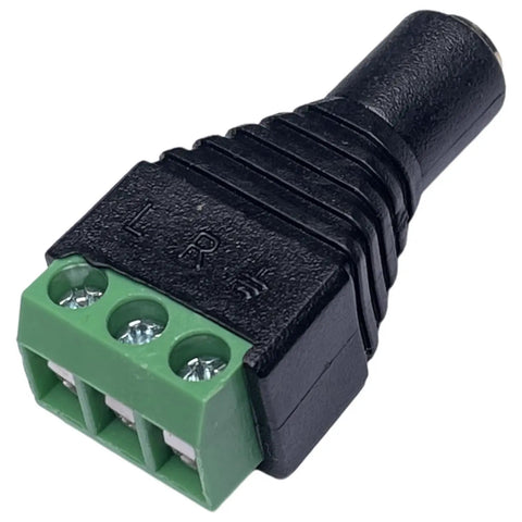 No Sweat Three Point Five Millimeter Stereo Jack To Screw Terminal Adapter For Quick Wiring Builds Sweet For Do It Yourself Audio Projects With Four Pieces showing black matte shell with green tri screw terminals.