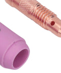 Solid Tig Welding Accessories Kit With Ceramic Nozzle Electrode Collet And Back Connector Perfect Swap For 17 18 26 Series Machines, close-up of ceramic nozzle and connector.