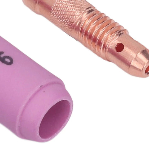 Solid Tig Welding Accessories Kit With Ceramic Nozzle Electrode Collet And Back Connector Perfect Swap For 17 18 26 Series Machines, close-up of ceramic nozzle and connector.