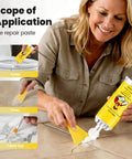 Woman applying Quick Drying Tile Repair Kit With Glue And Complete DIY Tool Set for Cracks in tile on floor, toilet, tabletop.