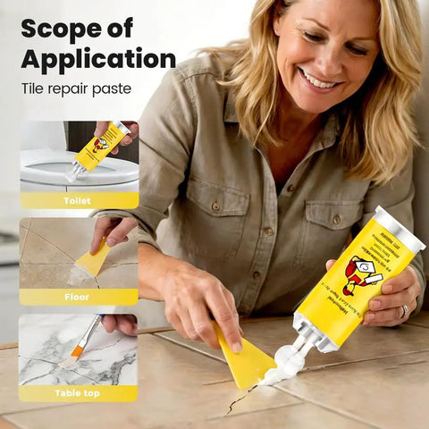 Woman applying Quick Drying Tile Repair Kit With Glue And Complete DIY Tool Set for Cracks in tile on floor, toilet, tabletop.