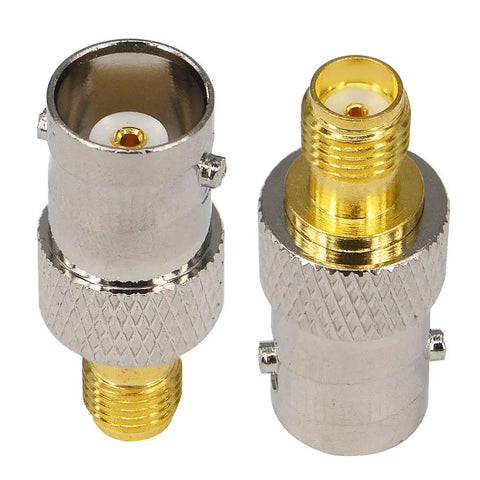 Dope SMA Female To BNC Female Adapter 2-Pack showing gold-plated connectors for Baofeng UV-5R UV-82 ham radios and SDR, 50 Ohm