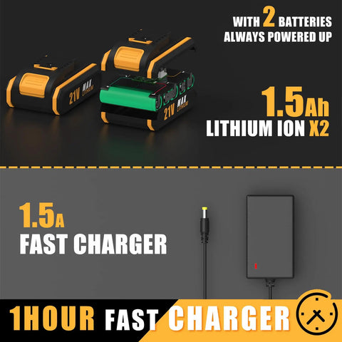 21V Cordless Drill Set With Two Batteries And Charger featuring dual 1.5Ah lithium ion batteries and 1-hour fast charger