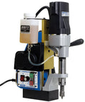 Powerful Pro Grade Automatic Magnetic Drill Press Featuring Slick Auto Feed Variable Speed And Reverse Control For Knockout Precision Holes On Heavy Steel And Pipe side view with auto feed and controls.