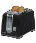Black two slice toaster with extra wide slots for bagels and thick bread, six browning settings, removable crumb tray, cancel button, 850W power