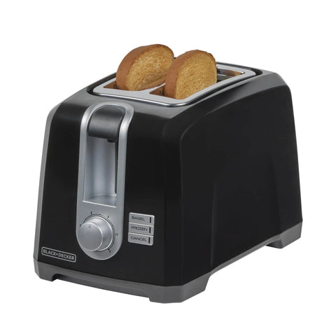 Black two slice toaster with extra wide slots for bagels and thick bread, six browning settings, removable crumb tray, cancel button, 850W power