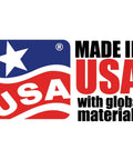 Label stating 'Made in USA with global materials' featuring USA flag and star symbols.