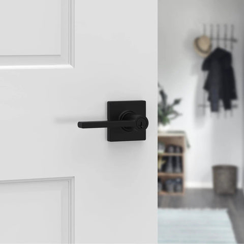 Matte black keyed entry door handle with lock and key, reversible exterior lever for front door, pick resistant SmartKey rekey security