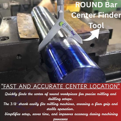 Round Bar Center Finder Tool for Milling Machines With Three Eighths Inch Shank No Fuss Setup by BlueFox Tools in use on a metal rod