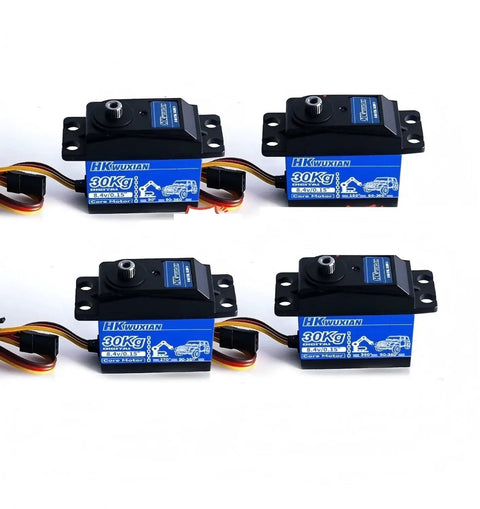 Badass 30Kg Metal Digital Servo With Heavy Duty Iron Drive Built For Rc Cars Robot Arms And Helicopters Featuring 180 Degree Sweep And Hella Ridiculous Torque - Four servos shown.