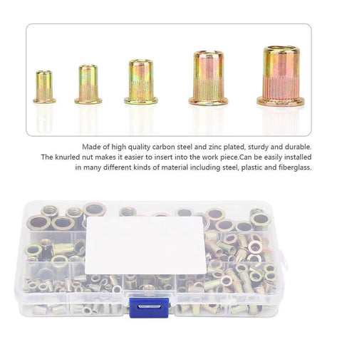 Solid 180 Piece Rivet Nut Kit With M3 M4 M5 M6 M8 M10 Zinc Plated Inserts For Auto Repair And Home DIY Projects Making Strong Threads Fast, assorted sizes in case