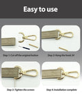 How to install Two Pack Snap Hook Swivel Clasp Set One Half Inch Detachable Carabiner Hooks with Screwdriver Tool on a bag strap.
