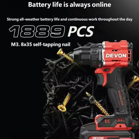 Badass Cordless Impact Drill 20V Brushless Motor 55Nm Torque Dual Speed Control 10Mm Keyless Chuck Comes Loaded With Two 5.0Ah Batteries For No Sweat Builds on a background of screws.