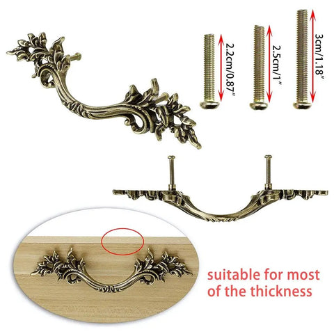 Five Pack European Style Vintage Cabinet Handles And Drawer Pulls In Antique Bronze with screws and installation view
