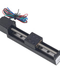 Heavy Duty Linear Slide Guide Rail 100mm Stage Actuator Boasting Aluminum Alloy Chassis And T6x4 Electric Motor on a black frame with wires.