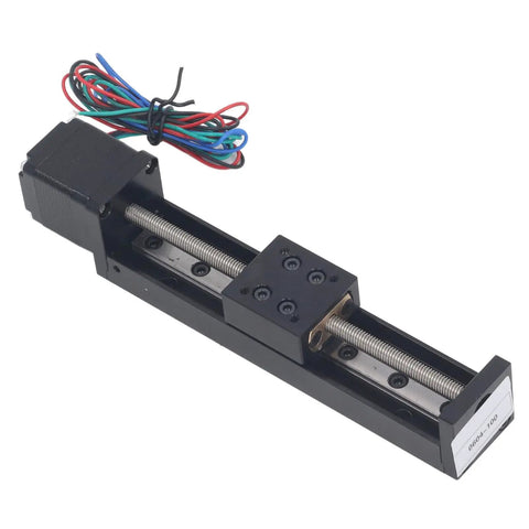 Heavy Duty Linear Slide Guide Rail 100mm Stage Actuator Boasting Aluminum Alloy Chassis And T6x4 Electric Motor on a black frame with wires.