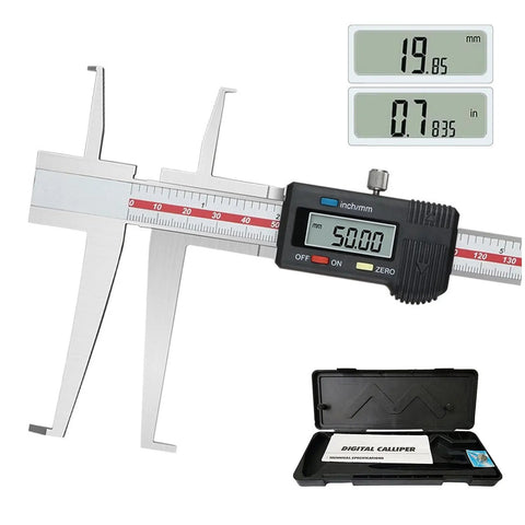 Digital Inside Groove Caliper 10-150mm Stainless Steel With Readout For Measuring Inner Groove Diameter In Bores, Precision Tool For Machinists And Gearheads Everywhere showing digital readout and case.
