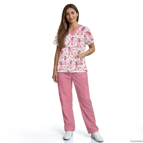 Woman wearing hot pink scrubs tops and pants set for women perfect for nurses veterinary techs dental hygienists and pet groomers