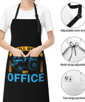 Person wearing waterproof adjustable bib apron with pockets for men and women durable polyester keeps your clothes clean from oil and dust