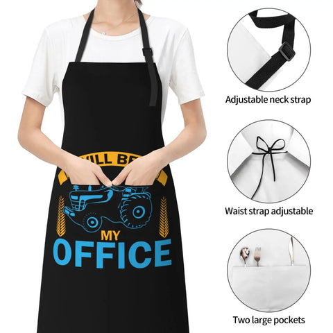 Person wearing waterproof adjustable bib apron with pockets for men and women durable polyester keeps your clothes clean from oil and dust