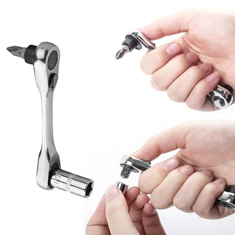 Mini 72-Tooth One Quarter Inch Ratchet Wrench With Dual Head Hex Bit Holder And Square Drive shown with quick release feature.
