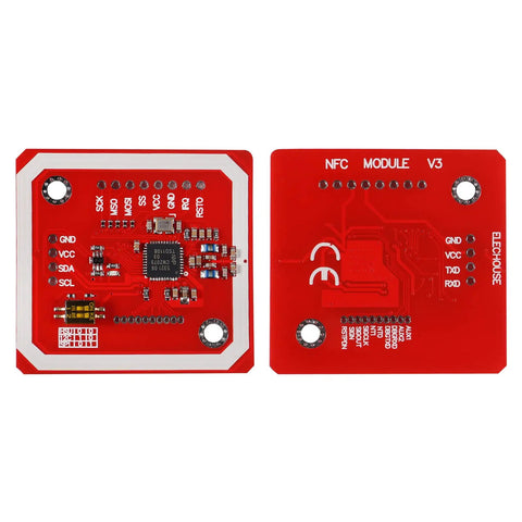 Front and back of red PN532 NFC RFID Module V3 Kit with I2C SPI and High Speed UART HSU built in PCB antenna