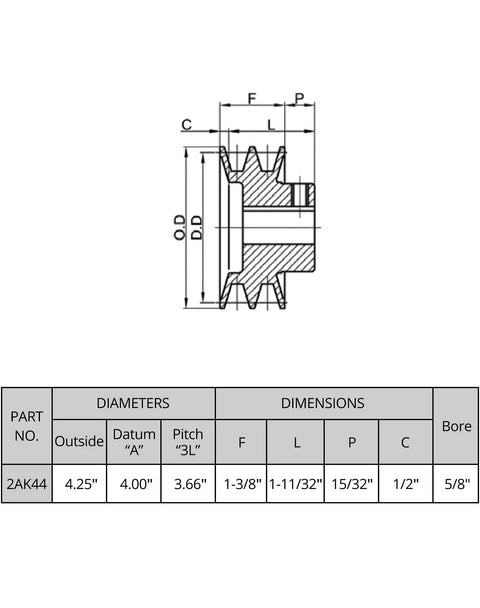 Double Groove Web Sheave 4.25 Inch Outer Diameter 5/8 Inch Bore For V Belt A 3L And 4L Belts Cast Iron Beefy Heavy Duty Pulley With Fixed Bore Industrial Grade Construction Model 2AK4458