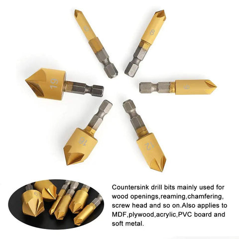 7 Piece Countersink Drill Bit Set With Quick Change Hex Shank For Wood Pro Grade High Speed Steel 5 Flute 90 Degree Center Punch