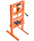Heavy Duty 6 Ton H-Frame Hydraulic Shop Press For Garage Use with orange steel frame and adjustable height for metalworking.