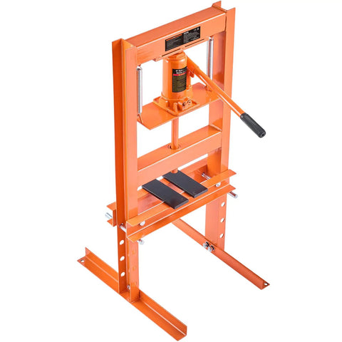 Heavy Duty 6 Ton H-Frame Hydraulic Shop Press For Garage Use with orange steel frame and adjustable height for metalworking.