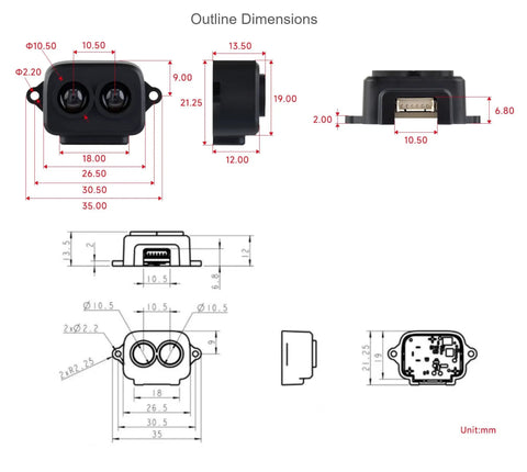Dimensions and technical drawing of Compact LiDAR Ranging Sensor With 8m Range Low Power Draw Plug And Play Easy To Integrate Mini Laser Module Using TOF Tech Packed With Adaptive Algorithms For Reliable Performance In Real World Environments.