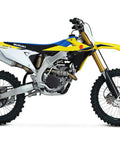 Side view of Suzuki motorcycle compatible with OEM Grade Linkage Bearing Rebuild Kit For Suzuki Suspension With All Needle Bearings, Collars