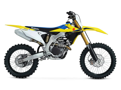 Side view of Suzuki motorcycle compatible with OEM Grade Linkage Bearing Rebuild Kit For Suzuki Suspension With All Needle Bearings, Collars