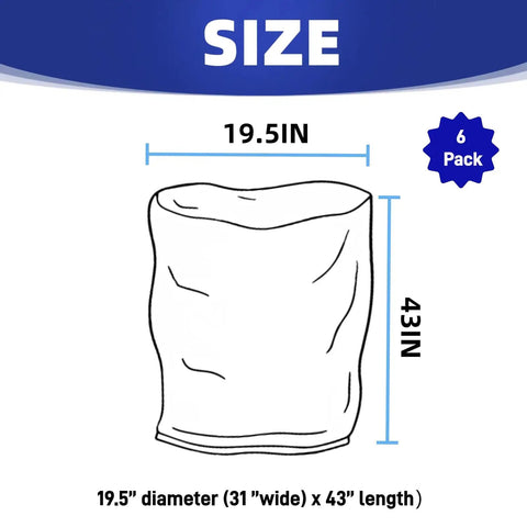 Size diagram for Upgraded Clear Heavy Duty Dust Collection Bags 6 Pack for Woodworking Projects showing 19.5in x 43in dimensions.