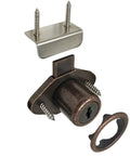 Desk Lock For Drawers And Doors In Antique Bronze Finish Seven Eighths Inch Bore Keyed Alike With Two Sided Keys Includes Escutcheon Trim