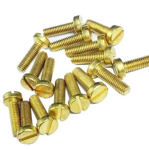 Top Shelf Yellow Brass M1.0 X 6mm Slotted Cheese Head Machine Screws 50 Pack on a white background.