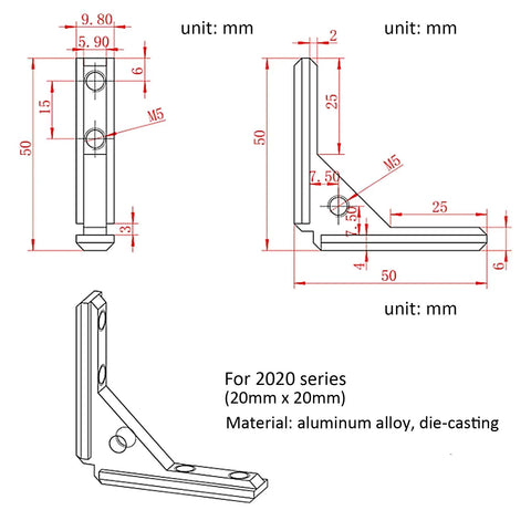Technical drawing of Eight Pack 2020 Series Aluminum Extrusion Corner Brackets, 20x20 T Slot Profiles Inside L Shape, 50mm height.