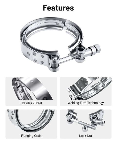 3 Inch V Band Clamp Stainless Steel 304 No Flanges Fits 3.0 Inch Flange, shown with lock nut and welding technology