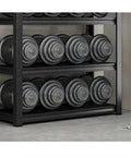 Heavy Duty Metal Storage Shelf Rack Built Tough For Seamless Home Organization Featuring An Adjustable Three To Five Tier Design, displaying weights.