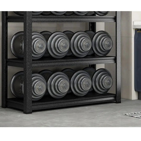 Heavy Duty Metal Storage Shelf Rack Built Tough For Seamless Home Organization Featuring An Adjustable Three To Five Tier Design, displaying weights.